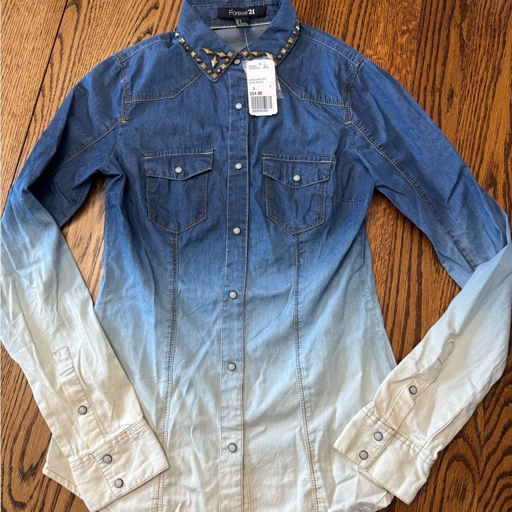 Forever 21 Gradient Denim Shirt with Studded Collar